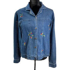 Agapo Large Denim Jean Top Jacket Embroidered Floral Colorful‎ Boho Cottage VTG